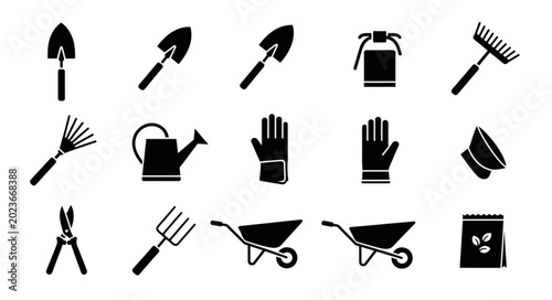 Fényképezés Collection of garden tools and equipment icons.