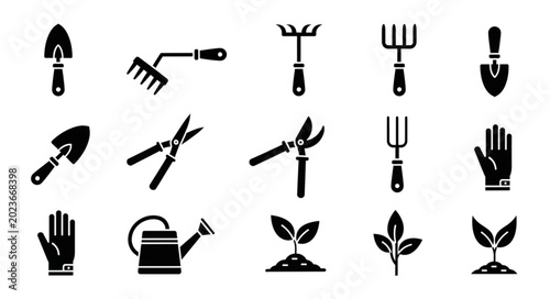 Bilde på lerret Collection of Garden Tools and Plants Icons.