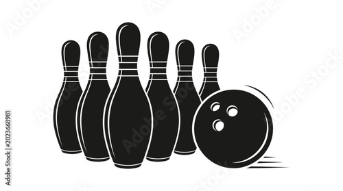 Bowling pins and ball silhouette on white background