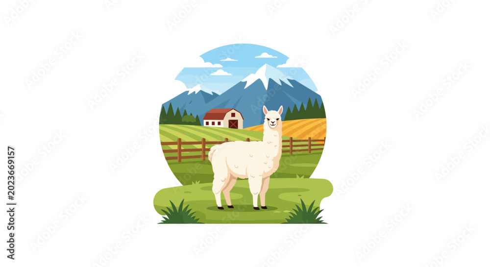 Fototapeta premium An Alpaca Standing Gracefully in a Lush Pasture Fen Landscape
