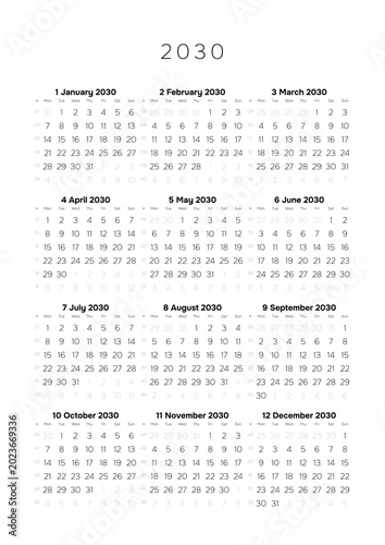 Professional 2030 Annual Calendar Template A4 Minimalist Full Year Planner for Corporate Scheduling and Project Timeline