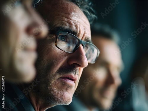 Intense close-up of a mature man wearing glasses with a focused gaze and furrowed brow reflecting deep concentration and intellectual rigor in a professional environment