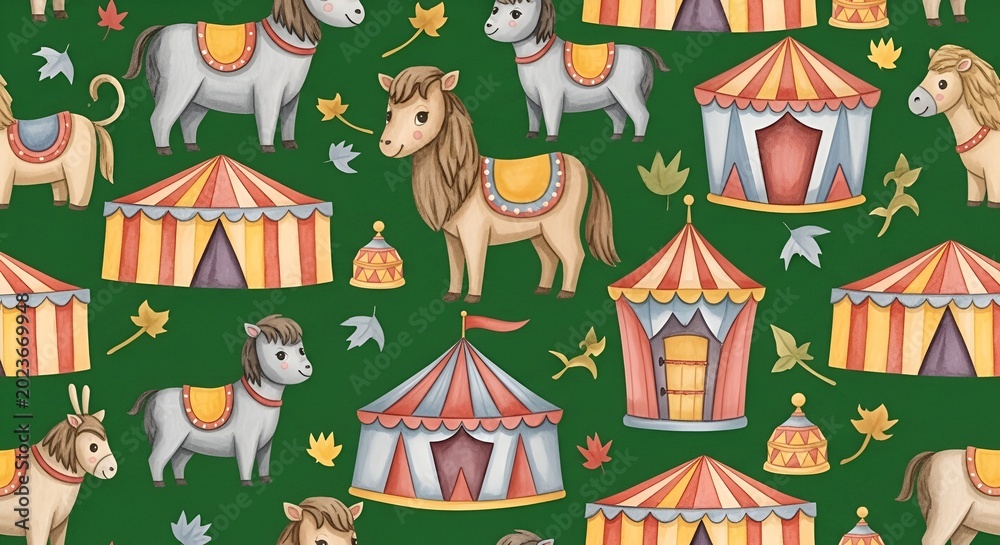 Naklejka premium Circus horses and tents seamless pattern, cartoon style, children illustration