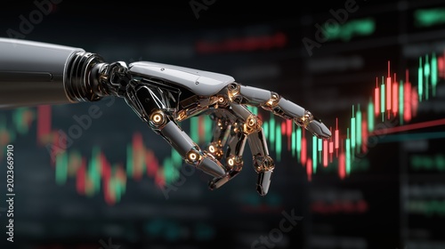 Automated fintech and AI decision intelligence for trading optimization, humanoid robot interacting with financial data