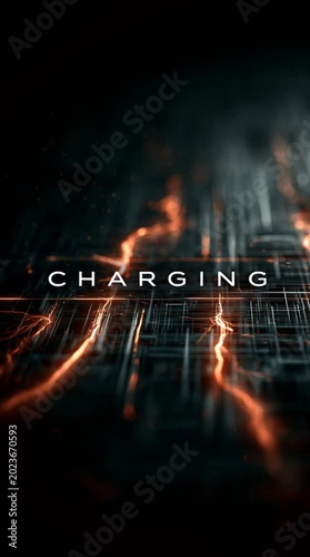 Energy flowing through transparent circuits with giant centered typography reading “CHARGING,” cinematic, high-detail, futuristic, and visually striking technology and electronics scene.