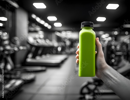 Hand holding green smoothie bottle in a modern gym with treadmills