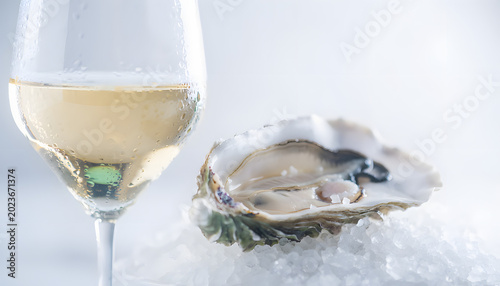 White Wine Glass with Oyster on Ice Minimal Scene