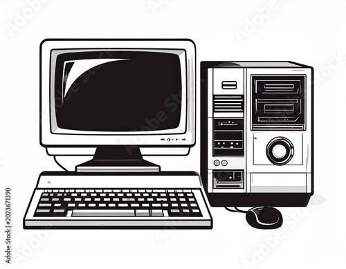 Black and white retro computer icon featuring vintage CRT monitor and classic desktop PC vector illustration