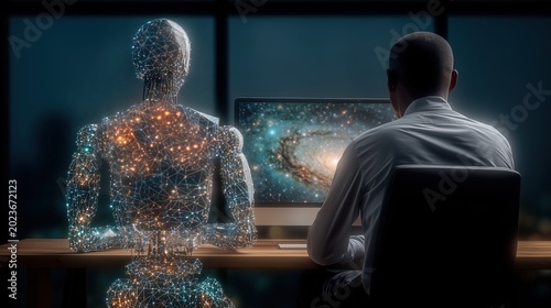 AI digital coworker assisting human at computer in futuristic office