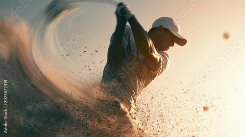 hotorealistic Golfer at Peak of Powerful Swing with Flying Ball Motion Trail, Golden Hour Cinematic Sports Scene, Dynamic Action Shot with Copy Space for Advertising