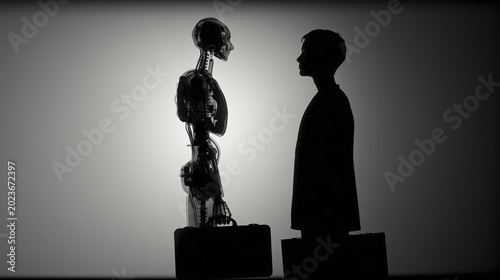 Robot replacing human workers concept silhouette with copy space, job displacement and automation impact on employment