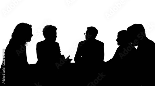 Black silhouette of business people sitting at a meeting isolated on transparent background, Vector