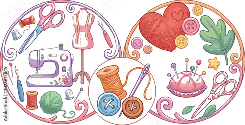 Photos Colorful Watercolor Style Circular Sewing and Needlework Tools Collection with M