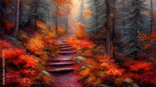 A vibrant autumn forest path ascends through colorful fall foliage bathed in warm, glowing light, inviting exploration on scenic woodland trails.