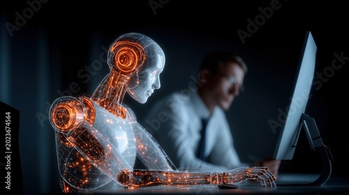 AI digital coworker assisting human at computer in futuristic office