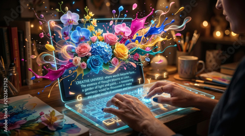 A close-up of a designer's hands typing glowing, poetic text on a holographic glass keyboard, and from the screen, real 3D colorful flowers, paint splashes, and abstract shapes physically grow into th
