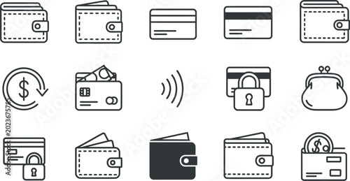 Financial payment methods icon set wallets cards security and transactions