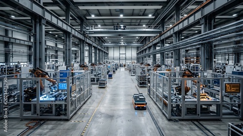 Modern Automated Factory with Industrial Robots and AGVs