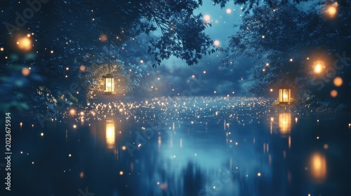 A Solitary Lantern Illuminates a Tranquil Forest River at Night Casting Magical Reflections and Soft Glow