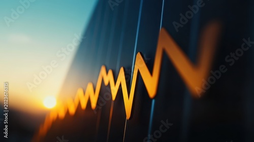 An orange upward financial growth line graph charting market trends and economic progress against a dark textured background with soft light.
