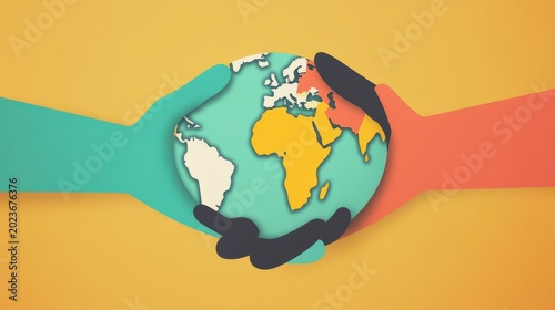 Diverse Hands Gently Holding and Supporting a Stylized Globe Symbolizing Global Unity and Cooperation