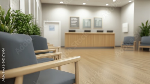 Empty Medical Waiting Room With Rows of Chairs and Reception Desk Ready for Patients Seeking Healthcare and Support