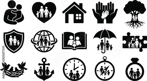 Family and protection black silhouettes on white background, shield