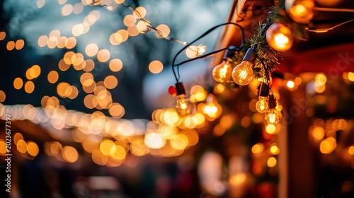 Festive Christmas Market Scene at Dusk with Twinkling Warm Lights and Cozy Atmosphere