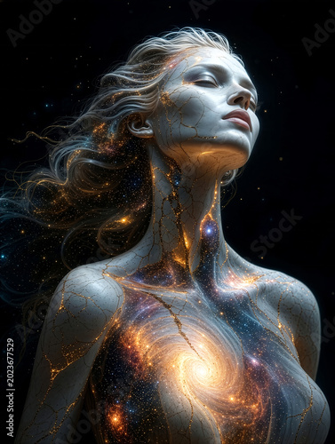 Ethereal cosmic woman with cracked marble skin revealing inner galaxies, stars, and swirling nebula glow, blonde hair flowing serenely in dark space