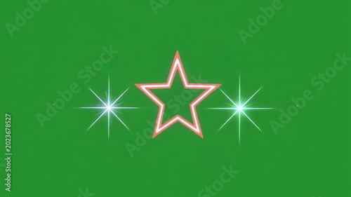 Neon star design, glowing red outline with white starbursts on green background