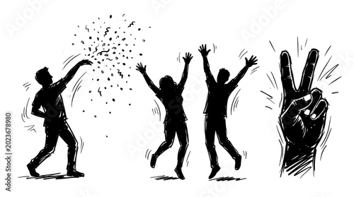 Dynamic black and white illustration of joyous people celebrating success with confetti and a hand expressing victory, capturing the spirit of triumph and festive fun