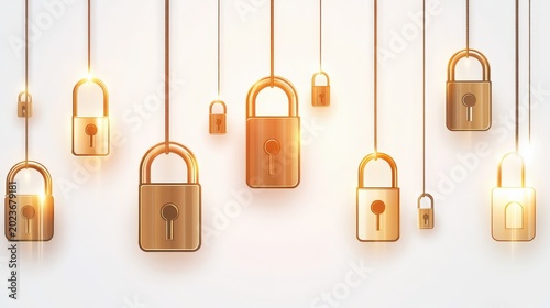 Digital Security Concept: Shiny Golden Locks Hanging Suspended, Representing Encryption and Data Protection