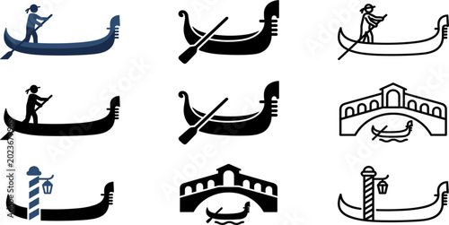 Billede på lærred Venetian Gondola and Canal Icon Set Featuring Traditional Boats, Gondoliers, Bri