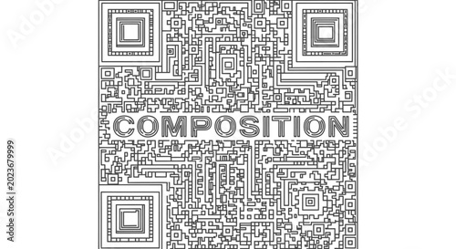 Qr code graphic with the word composition integrated into a complex design
