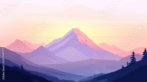 Majestic mountain peaks bathed in soft colorful sunrise light, a serene natural landscape illustration