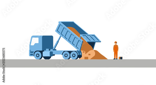 Photos Construction worker watching dump truck unload sand at work site