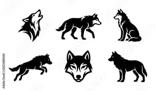 Tableau sur toile Wolf Icon Set, Wild Animal Vector Graphics, Silhouette Canine Illustrations, Nat