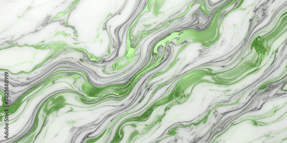 Fototapeta premium An abstract marbling pattern featuring flowing swirls of emerald green, gray, and white, creating a dynamic and organic texture reminiscent of natural stone.