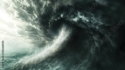Massive Stormy Ocean Wave with Dark Clouds and Fierce Winds Creating an Intense Atmosphere