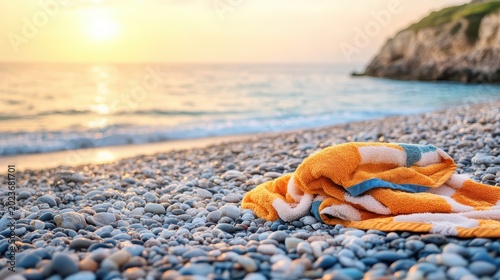 Orange and white striped towel on a pebble beach during a golden sunrise with the ocean in the background