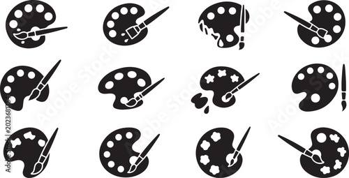 Photos Black paintbrush, palette icons, artistic tools, vector graphics set