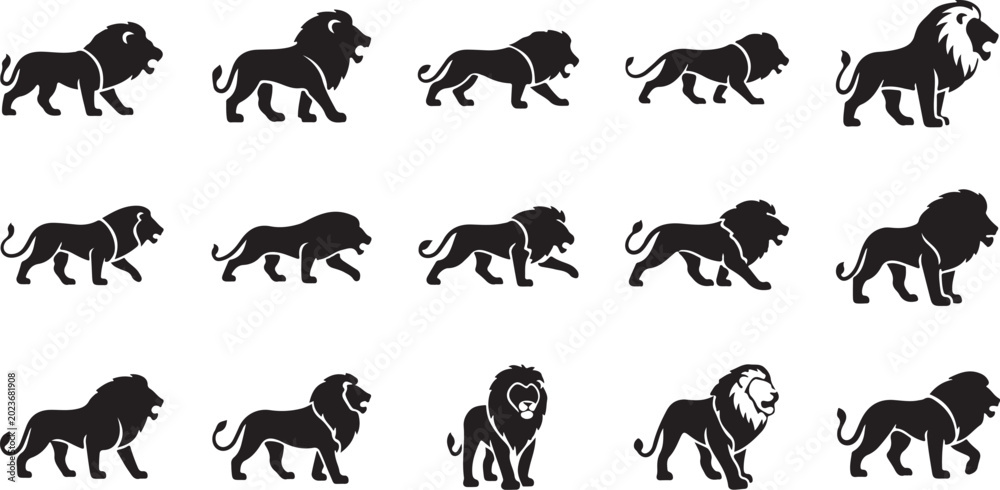 Fototapeta premium Lion silhouettes, black lion icons, walking lion graphics, animal symbols