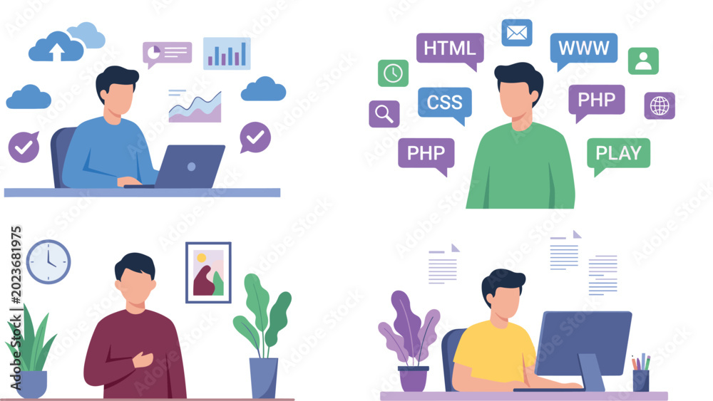 Fototapeta premium Flat Style Male Developer Working with Cloud Data Web Coding and Programming Technology Business Scenes Vector Set