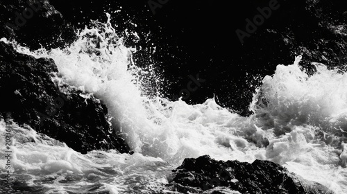 Powerful ocean waves dramatically crash against dark, rocky shores, showcasing nature's raw, untamed energy in monochrome.