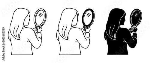 Foto Woman Looking in Mirror, Silhouette and Outline Styles, Self-Reflection Concept