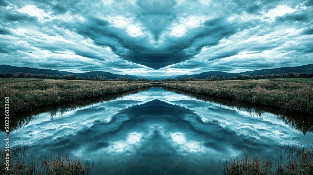 Obraz premium Symmetrical River Reflection Under Dramatic Overcast Sky with Moody Blue Clouds in a Rural Landscape