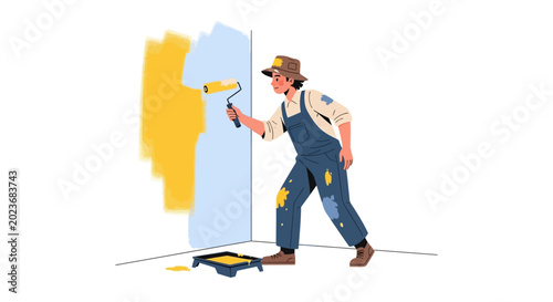 Man painting a wall with roller.