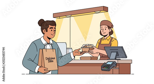 Man receiving food from woman.