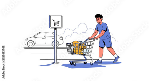Man pushing shopping cart with groceries.