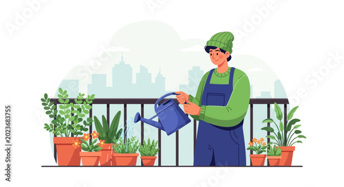 Man watering plants on balcony with can.